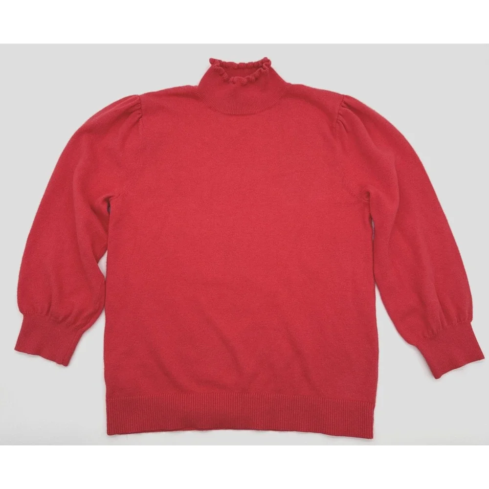 ANN TAYLOR Coral Pink Ruffled Turtleneck Sweater Puff Sleeves Sz S‎ Women Office